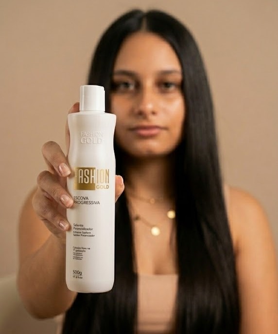 Modelo segurando o cabelo ao lado dos produtos Fashion Gold Ybera Paris